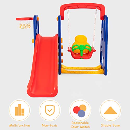 Costzon Toddler Long Slide Set, 3-in-1 Large Climber Playset w/Basketball Hoop, Stairs, Thickened Panel