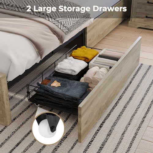 Hasuit Farmhouse Bed Frame California King Size with Storage Bookcase Headboard, Wooden Cal King Bed with LED Lights, Charging Station, 2 Drawers