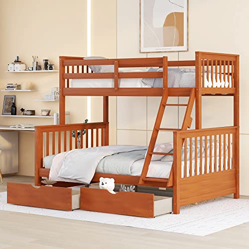 Ball & Cast Full Over Full Bunk Bed with Twin Size Trundle and Built in 4 Drawer,Wood Bunkbed w/Storage Ladder & Slat Support