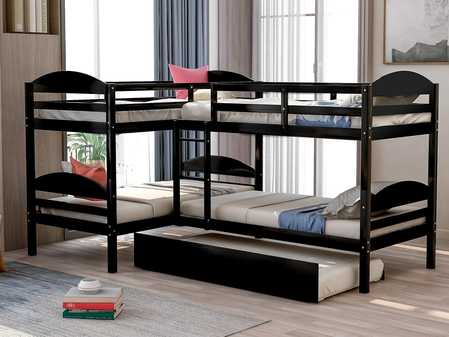 Solid Wood Bunk Beds,Twin Over Twin Bunk Bed with Trundle, Twin L-Shaped Bunk Bed Frame, 5 Bed Bunk Bed Frame with Guardrails and Ladder