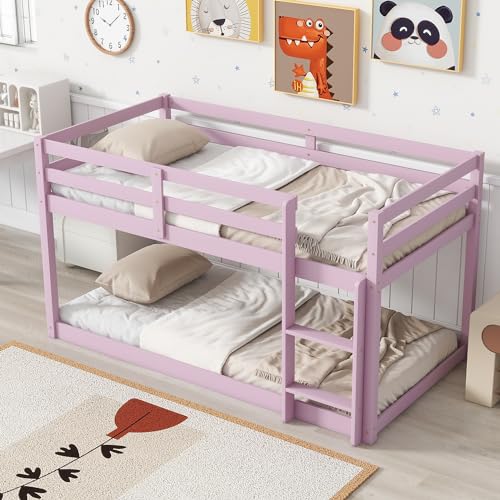 Bunk Bed Twin Over Twin, Wood Low Profile Floor Twin Bunk Beds with Ladder Guardrails for Kids Boys and Girls, No Box Spring Needed