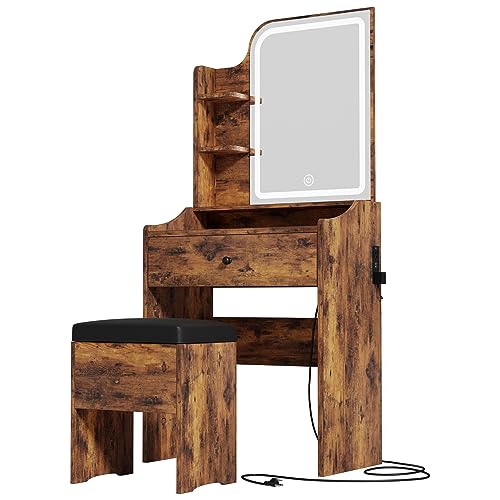 LIKIMIO Small Makeup Vanity Desk with Mirror and Lights, Vanity Table Set with Storage Drawer, Chair and Three Shelves, Bedroom, White