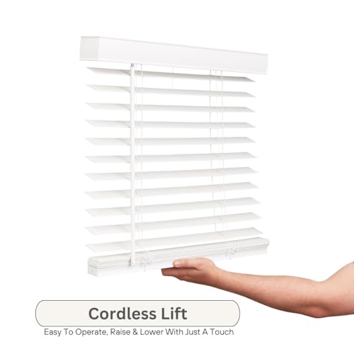 LOTUS & WINDOWARE Cordless Faux Wood Blinds, 70" Wide x 72" Long, Smooth, Snow White, 2 Inch Horizontal blinds – for Living Room, Bedroom