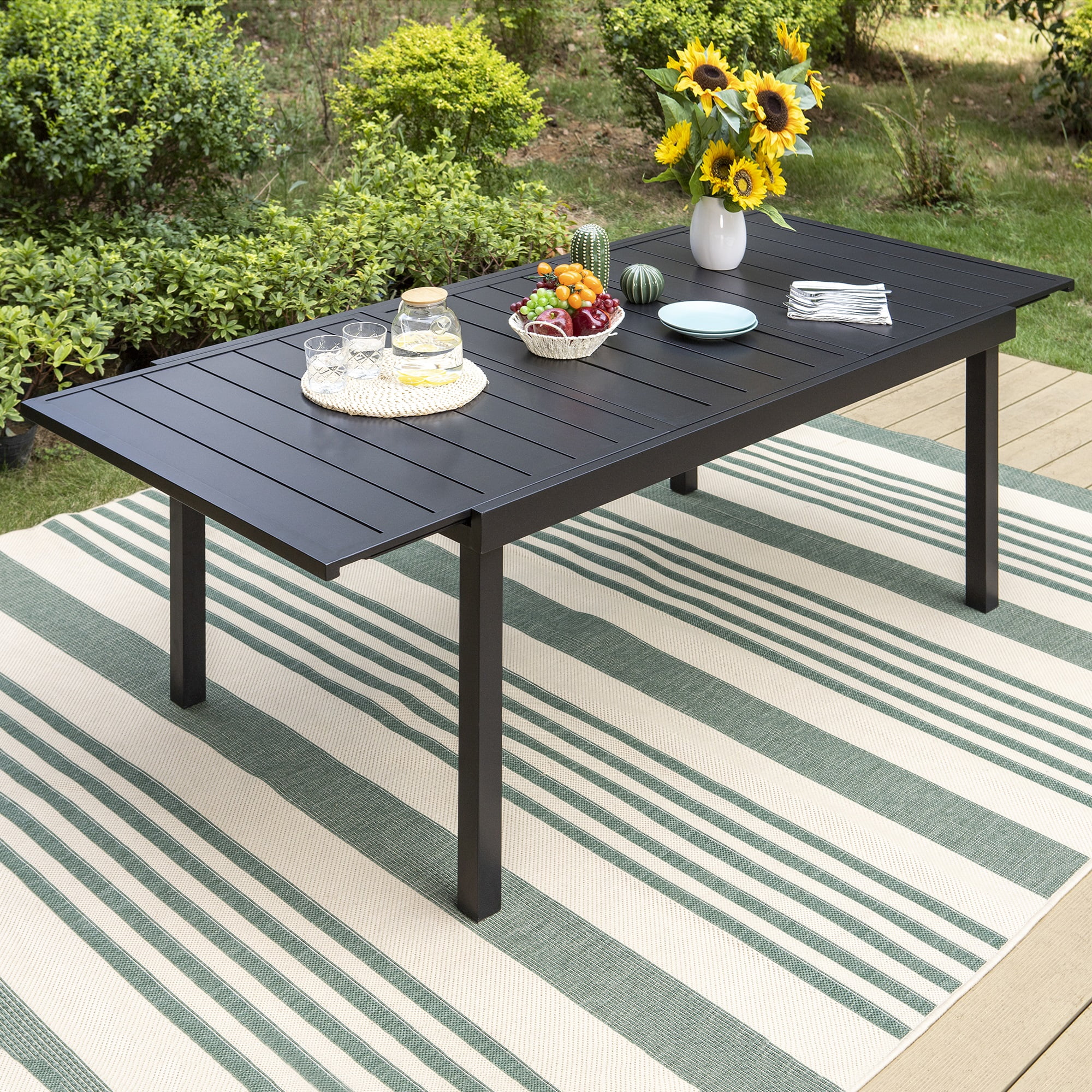 MF Studio 7 Pieces Outdoor Patio Dinning Set with 6 C Spring Textilene Chairs and 1 Metal Extendable Dining Table for 6 Person,Black&Gray