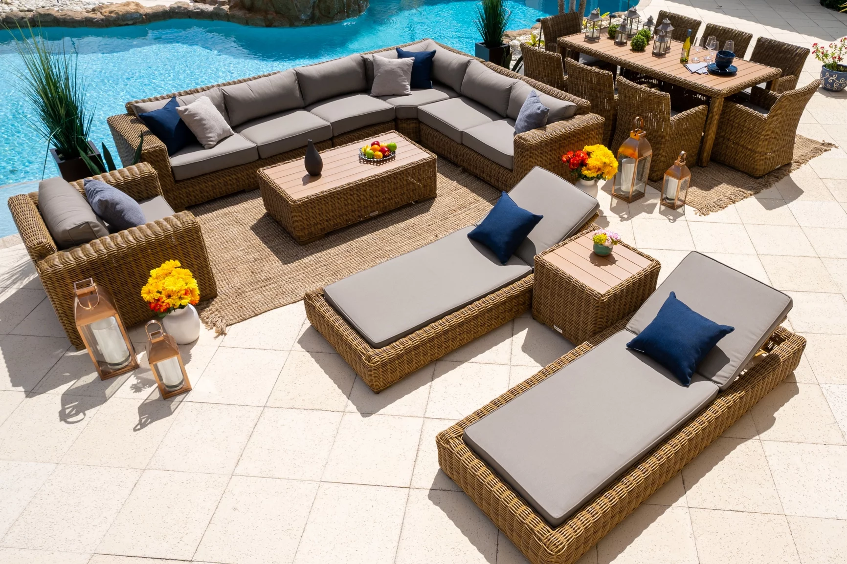 Malmo 18-Piece Resin Wicker Outdoor Patio Furniture Combination Set in Natural W/ Sectional Set, Eight-Seat Dining Set