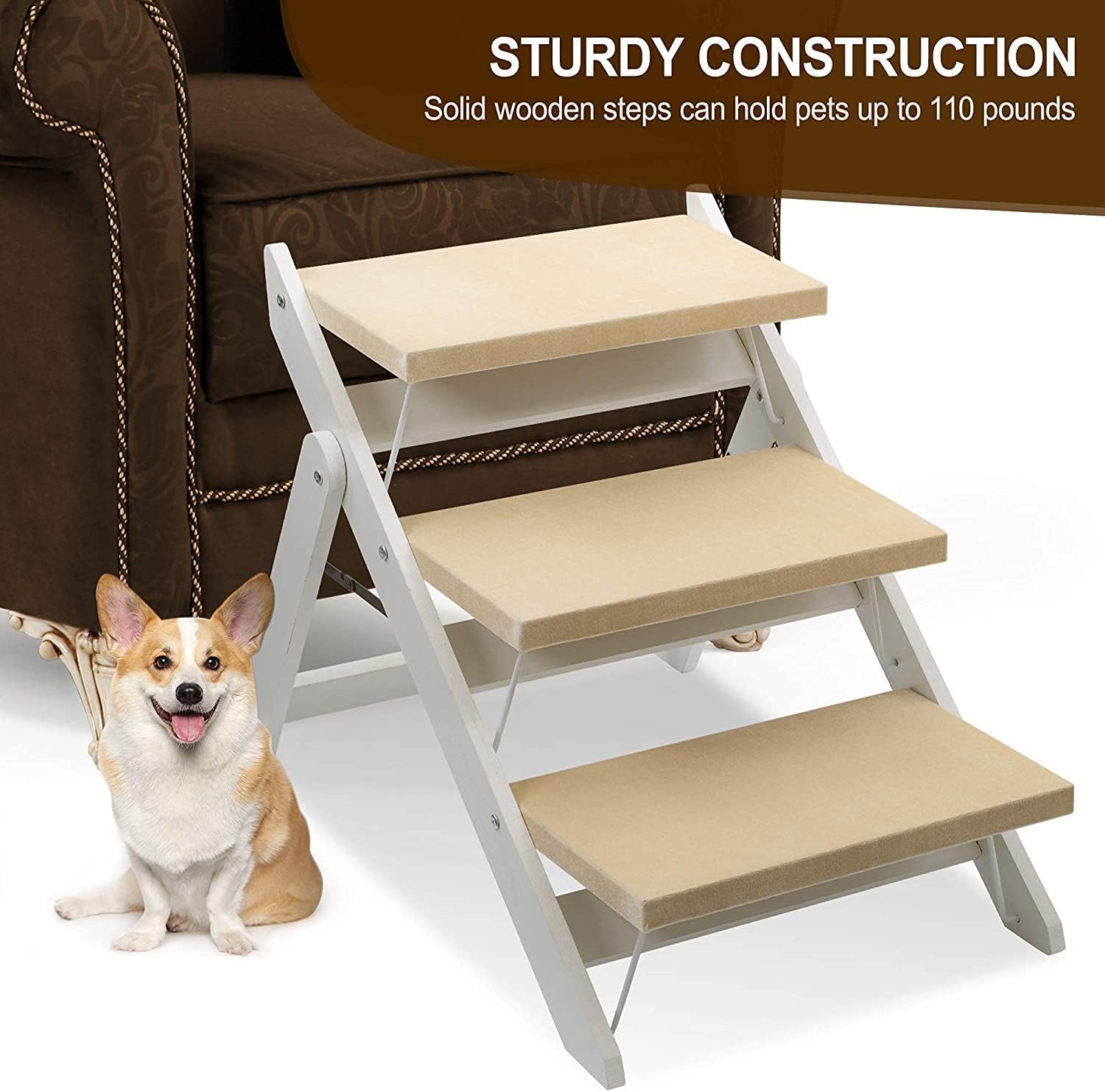 Niubya Wooden Foldable Dog Stairs, Portable 2-in-1 Pet Ramp for Small to Large Dogs and Cats, Nonslip 3-Step Dog Steps for High Beds, Couch and Cars
