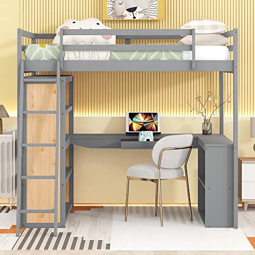 Twin Loft Bed with Staircase, Desk and Wardrobe, Wood Loft Bed with Storage Shelves and Safety Guardrail