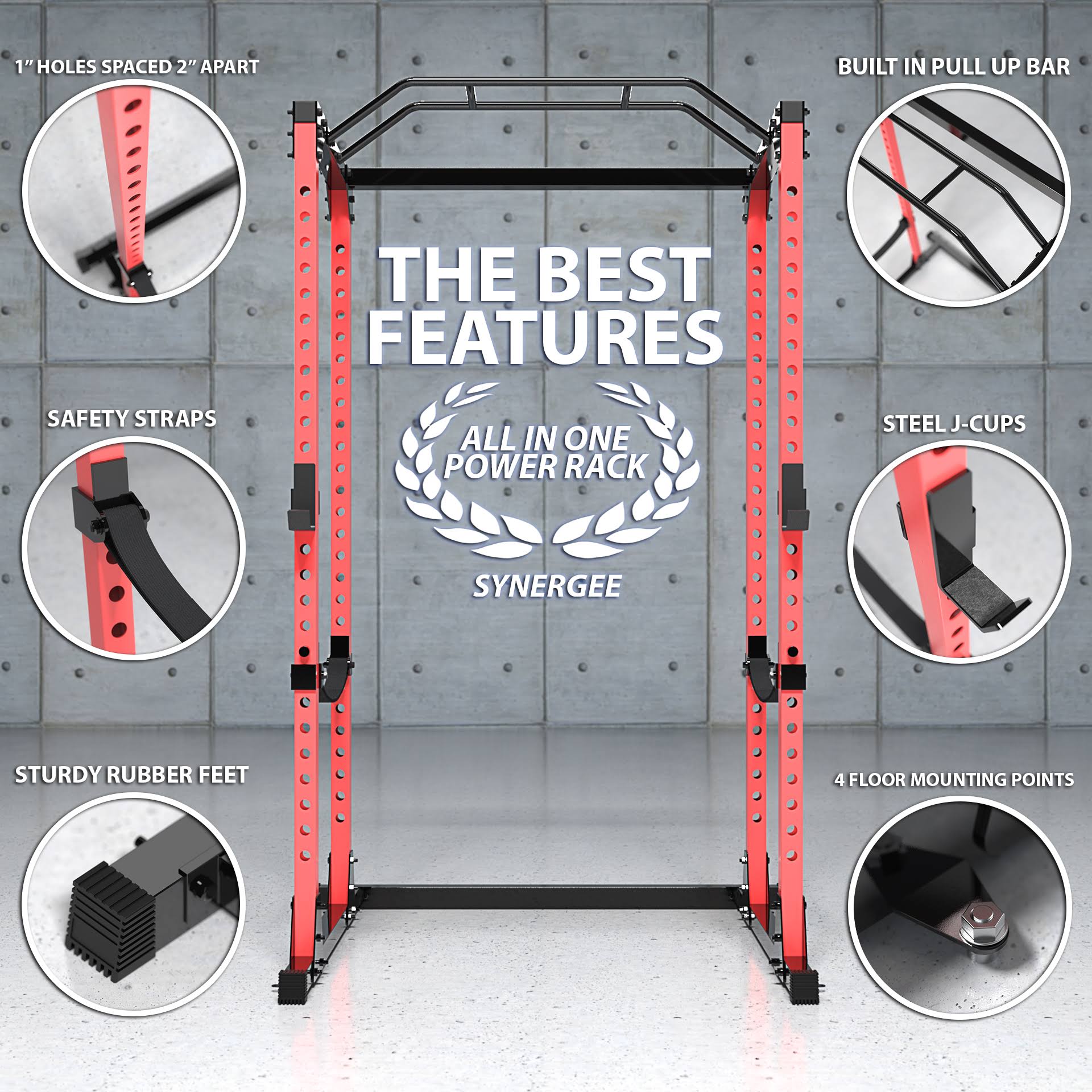 Synergee Power Rack Black u0026 Red Steel Squat Cage with Pull Up Bar