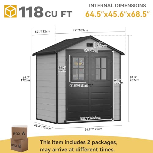 DWVO 6x4.4 FT Resin Storage Shed with Fence-Style and Side Windows, Lockable Door, and Vents for Garden, Backyard, Patio, Lawn, Brown