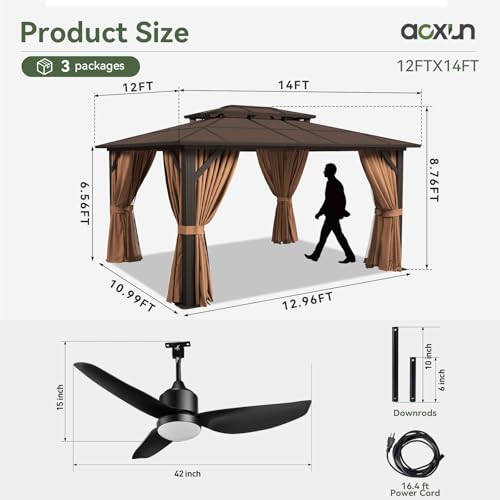 Aoxun 12'x10' Hardtop Gazebo, Aluminum Frame Permanent Pavilion with Curtains and Netting, Outdoor Polycarbonate Double Roof Canopy