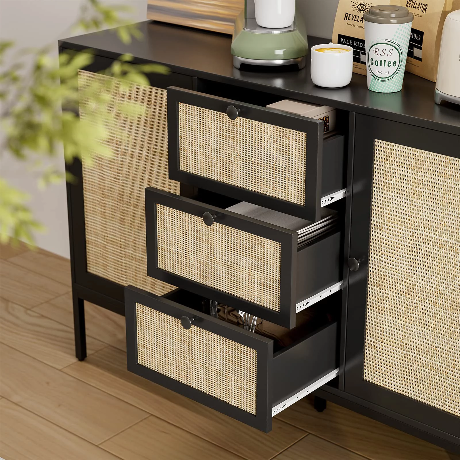 IKIFLY Rattan Sideboard Buffet Cabinet, Boho Rattan Storage Cabinet with 3 Drawers and 2 Doors, Accent Console Table Cabinet for Living Room, Kitchen