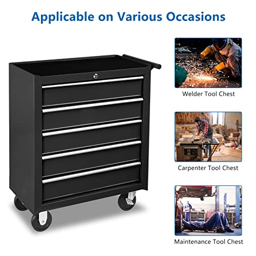 TUFFIOM 5-Drawer Rolling Tool Chest w/Drawers & Lock, Tool Storage Cabinet with Lockable Wheels, Top Cushion & Drawer Liners