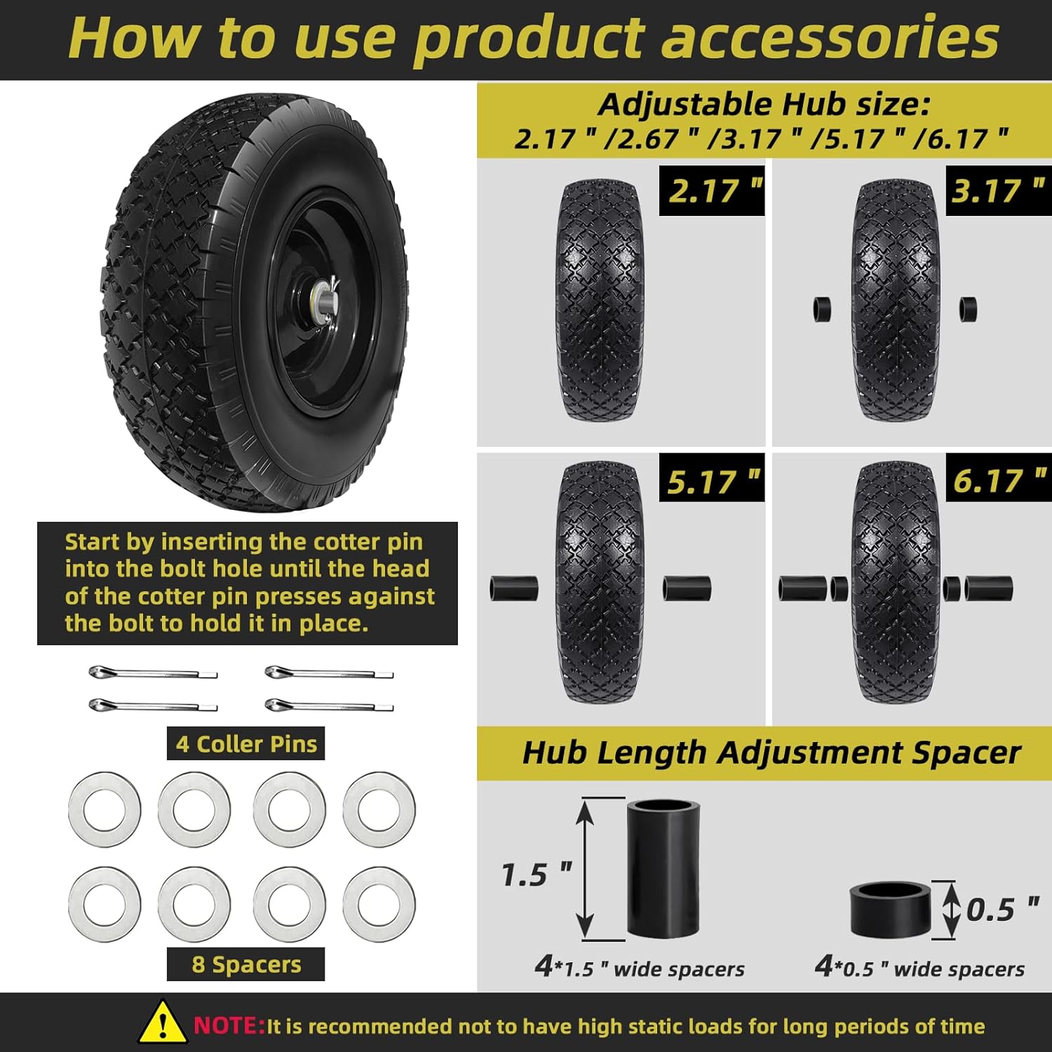 13” Tire and Wheel Flat Free, Replacement Solid Tire and Wheel Assemblies with 5/8” Axle Bore Hole and Double Sealed Bearings