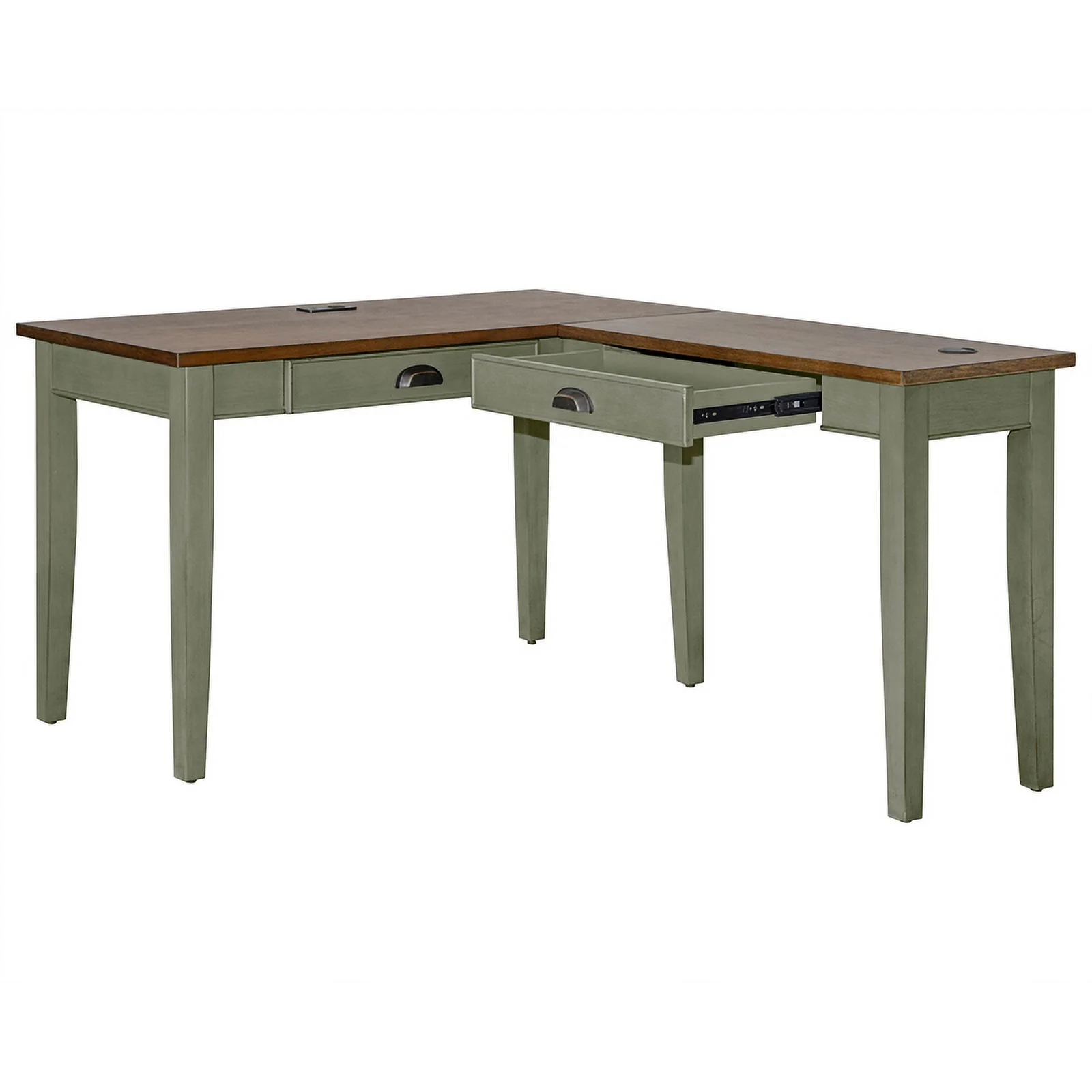 Bowery Hill Open L-shaped Wood Writing Desk & Return in Sage Green/Natural