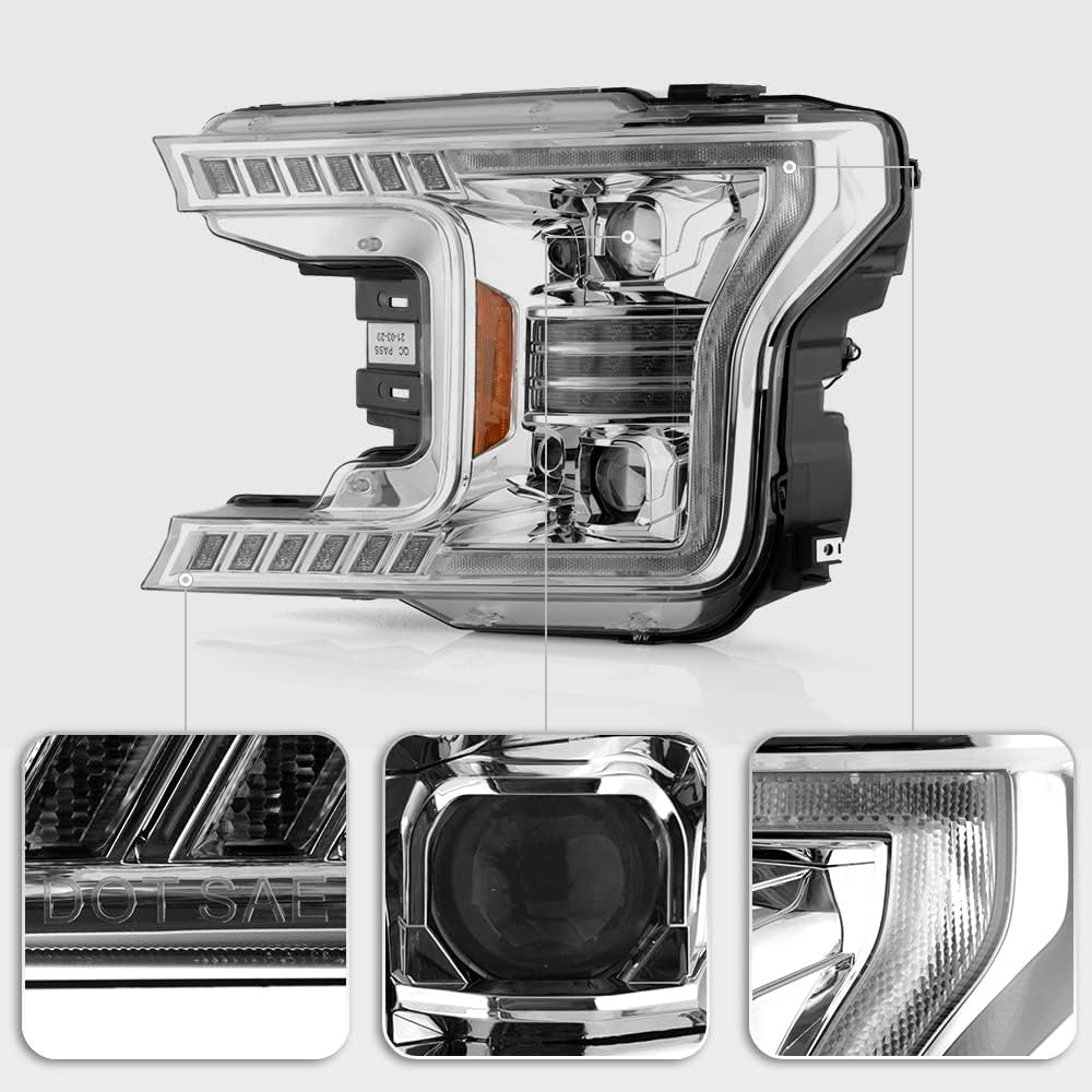 ACANII - For 2018-2020 Ford F150 Chrome LED Tube w/Sequential Signal LED Projector Headlights Headlights Set Left+Right