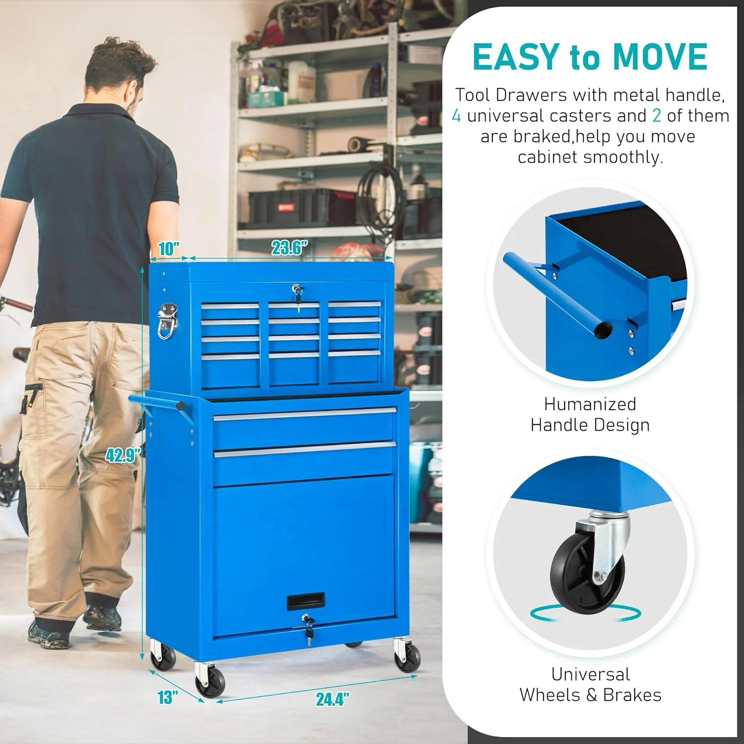 2-IN-1  Tool Chest & Cabinet, Large Capacity 8-Drawer Rolling Tool Box Organizer with Wheels Lockable Craft, Black