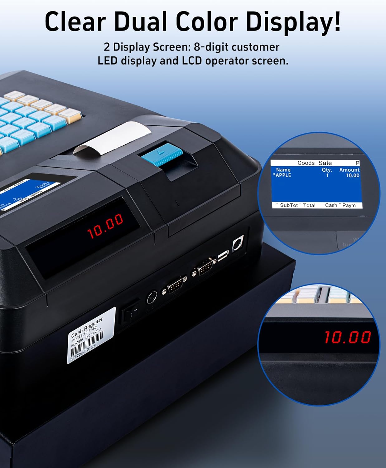 Cash Register for Small Businesses with Cash Drawer& Built-In Receipt Printer, Electronic Cash Registers with Dual Display for Cashier and Customer
