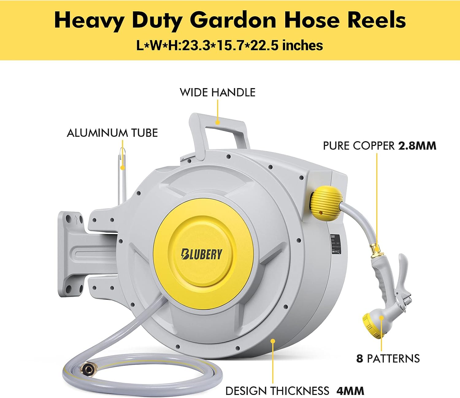 BLUBERY Retractable Hose Reel, 5/8" x 100+6.7 ft Retractable Garden Hose Reel with 8 Pattern Spray Nozzle, Any Length Lock, 180° Swivel Bracket