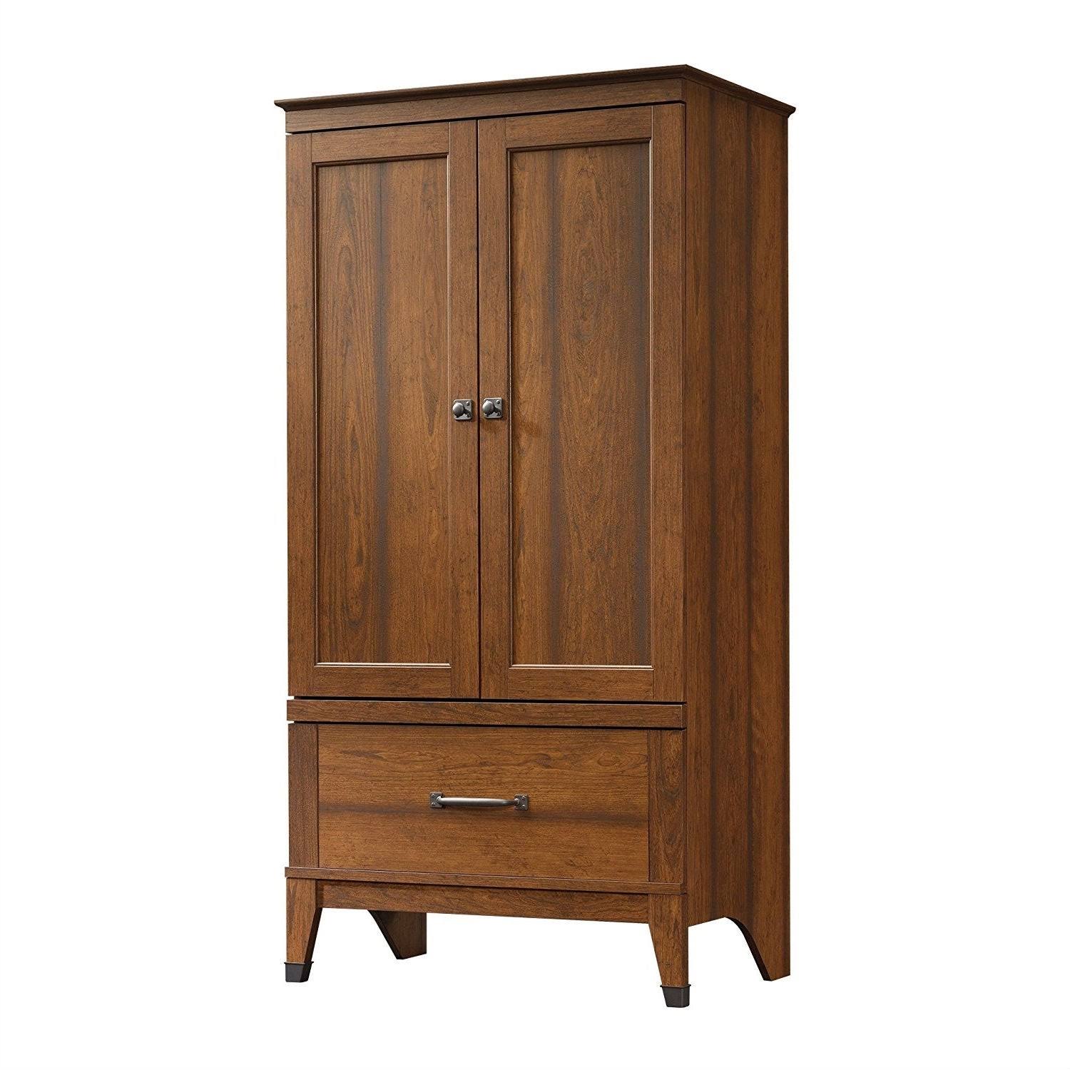 Bedroom Wardrobe Cabinet Storage Armoire in Medium Brown Cherry Wood Finish - Pictured