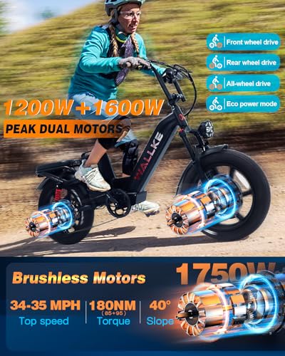Electric Bike for Adults, 48V 40Ah 1600W/2800W Peak Dual Motor Fast Long Range Ebike, 20 Inch Fat Tire Full Suspension Electric Bicycle 31/34MPH