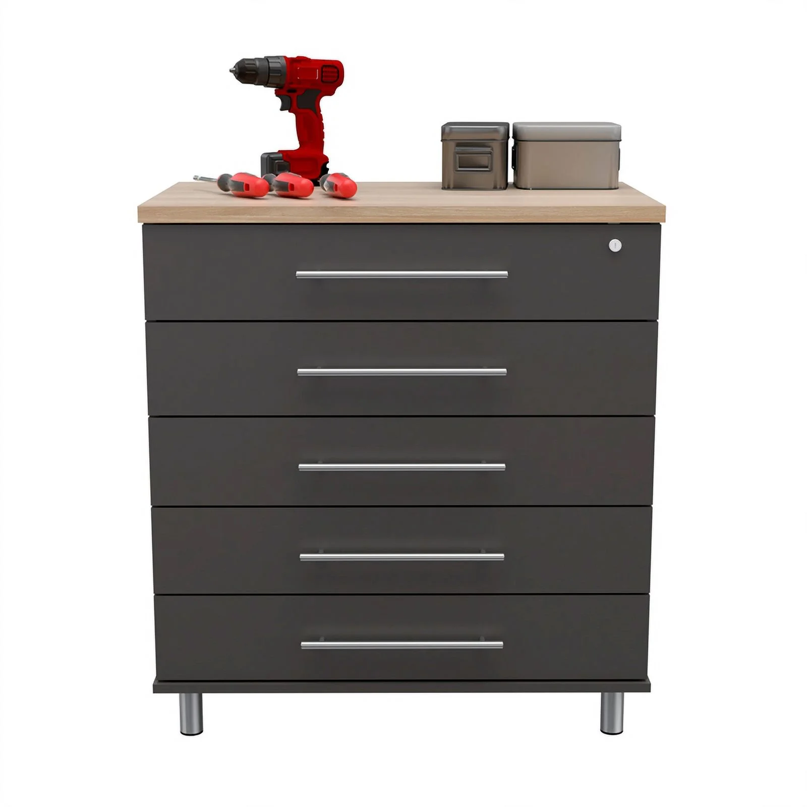 Pemberly Row 5-Drawer Garage Storage Cabinet in Dark Gray/Maple
