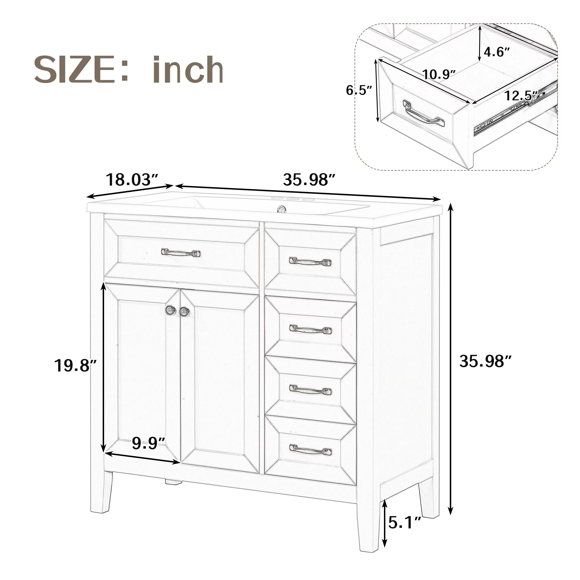 EUROCO 36" Bathroom Vanity with Sink Combo,Modern Freestanding Bathroom Storage Cabinet with 3 Drawers and 2 Doors , Solid Wood Frame,Grey