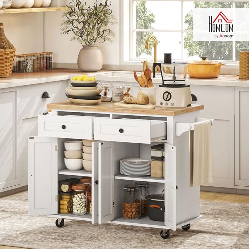 HOMCOM Kitchen Island on Wheels, Rolling Cart with Rubberwood Top, Spice Rack, Towel Rack and Drawers for Dining Room, Navy Blue