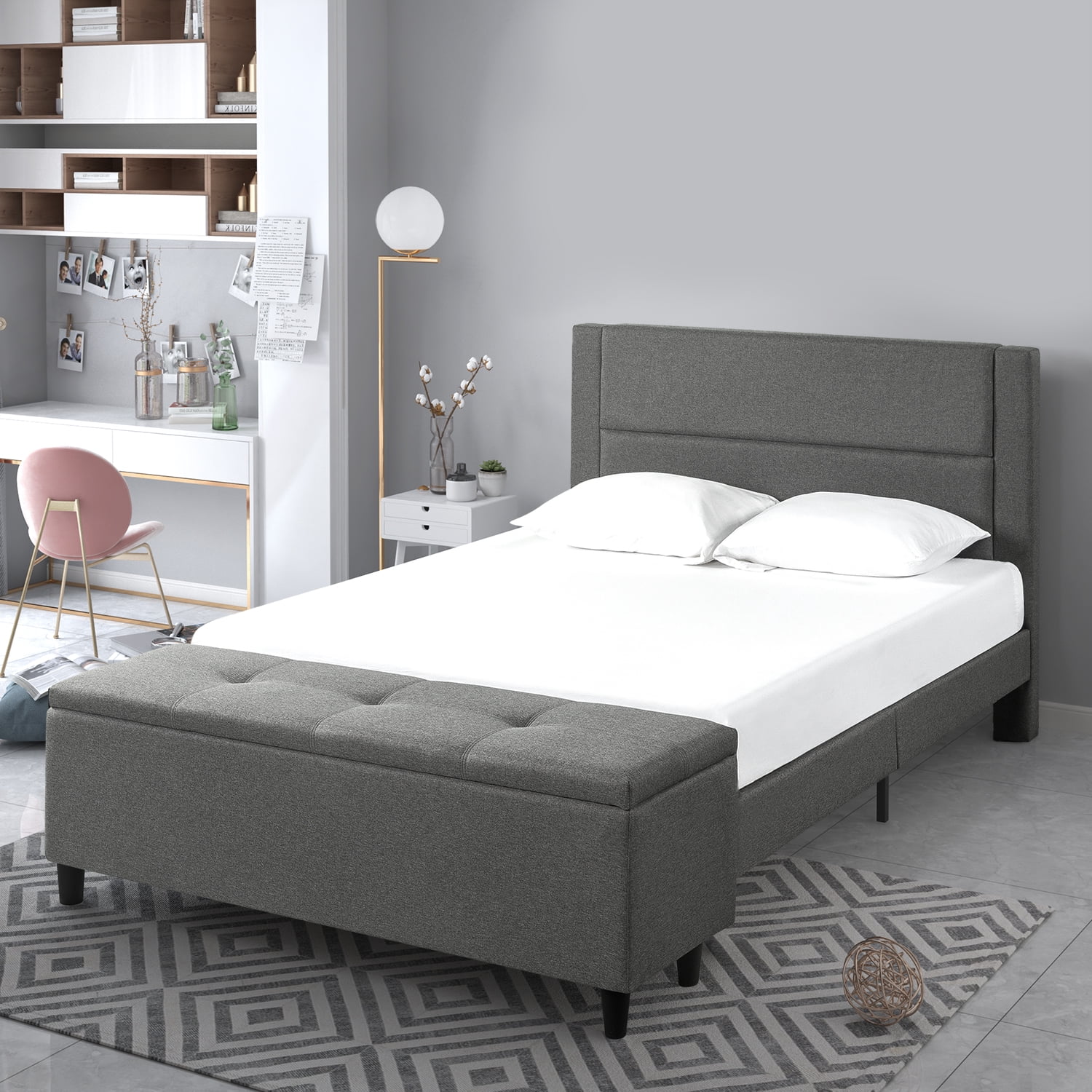 Zinus Wanda 48" Upholstered Platform Bed with Storage Bench, Queen