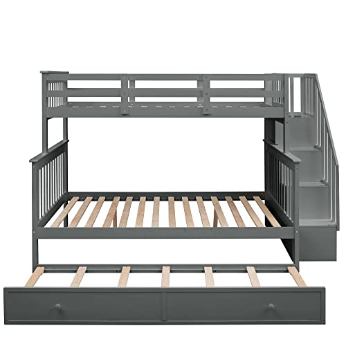 Ball & Cast Full Over Full Bunk Bed with Twin Size Trundle and Built in 4 Drawer,Wood Bunkbed w/Storage Ladder & Slat Support