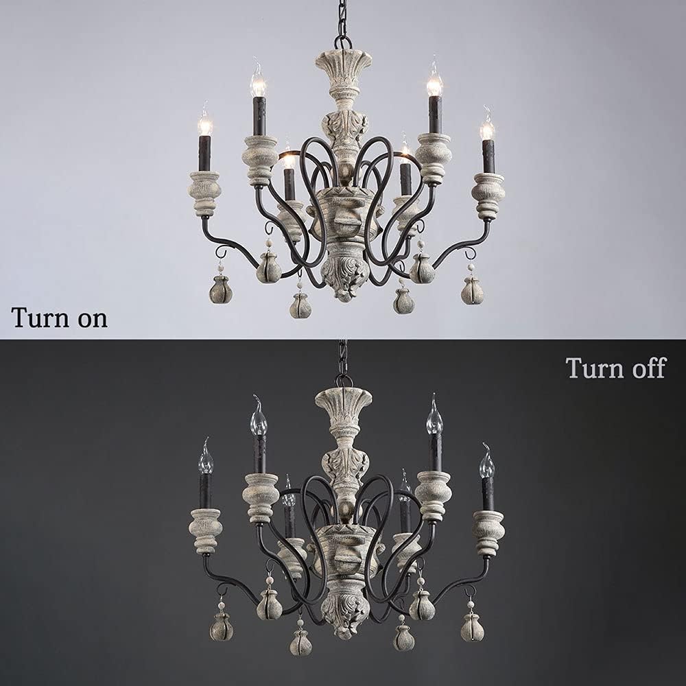 French Rustic Farmhouse Candle Chandelier, 6-Lights Chic Dining Room Lighting Hanging, Kitchen Island Light, Industrial Iron Chandeliers for Foyer