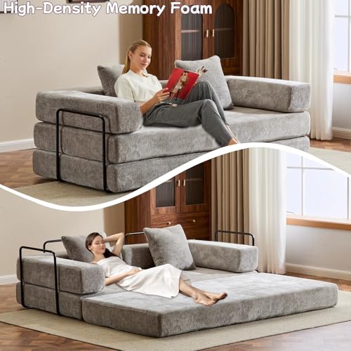 Convertible Floor Sofa Bed, Foldable Mattress Cloud Couch with Pillow Back & Armrest, Chenille Sleeper Sofa Bed with Fixed-Shape Frame