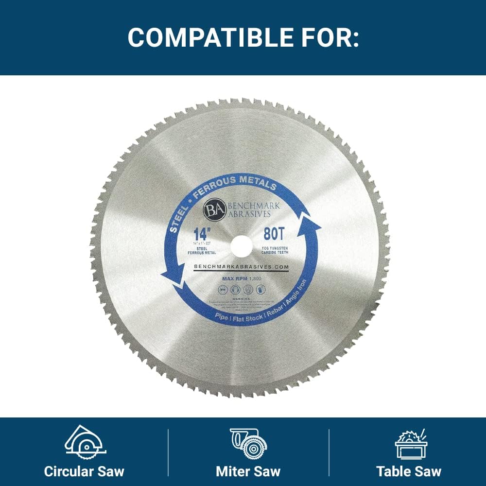 Benchmark Abrasives 14" 80 Tooth Tungsten Carbide Tips Saw Blade for Thin Steel and Ferrous Metals