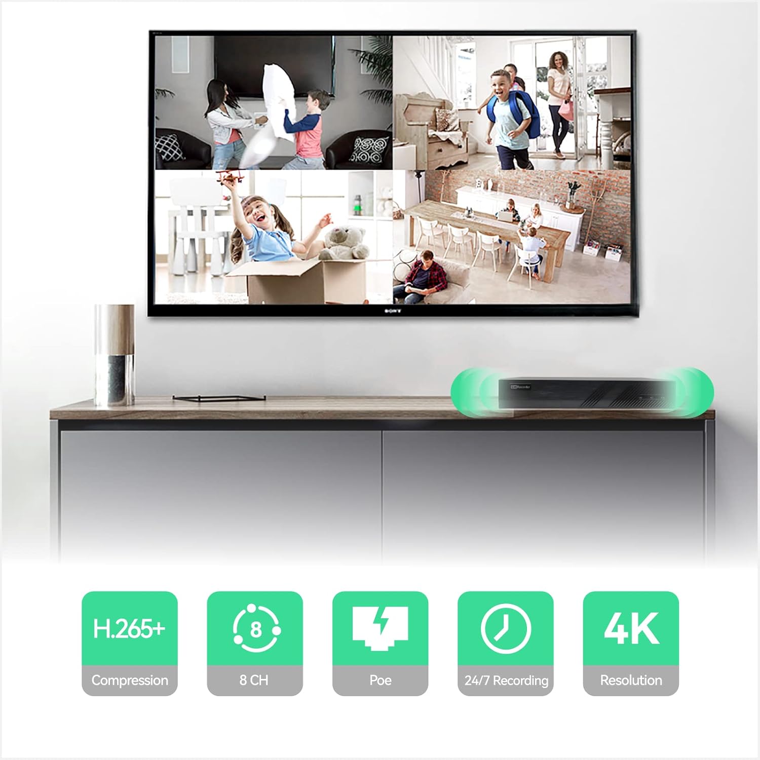 LINOVISION NDAA Compliant 8CH 4K IP Security Camera System with (4) Pairs POE IP Over Coax Converters, (6) 5MP POE IP Dome Cameras