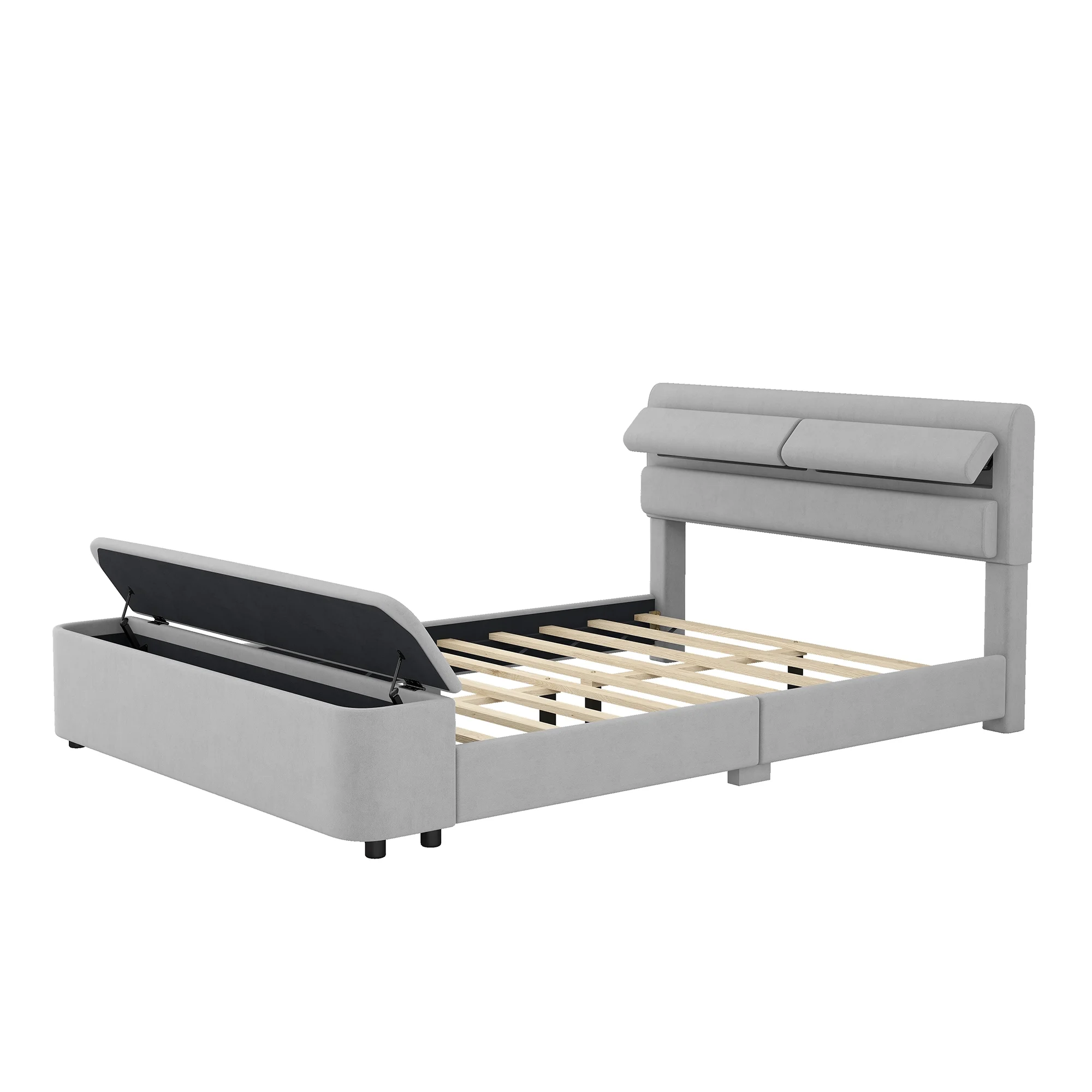 Dawn Whisper Queen Size Upholstery Platform Bed with Storage Headboard and Footboard, Support Legs, Grey