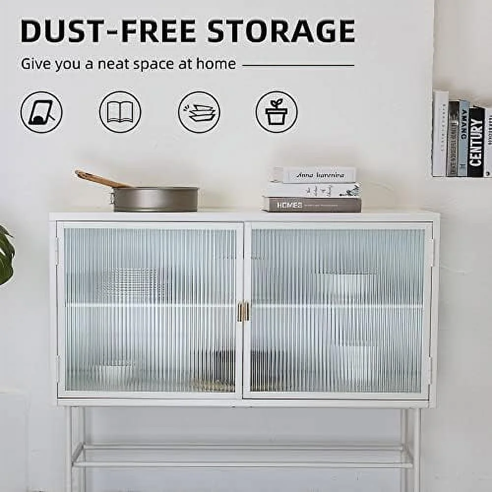 TJUNBOLIFE Retro Style Fluted Glass  Cabinet Corner Cabinet Sideboard Dual Doors Three Detachable Wide Shelves Enclosed Dust-Free  for Living Room