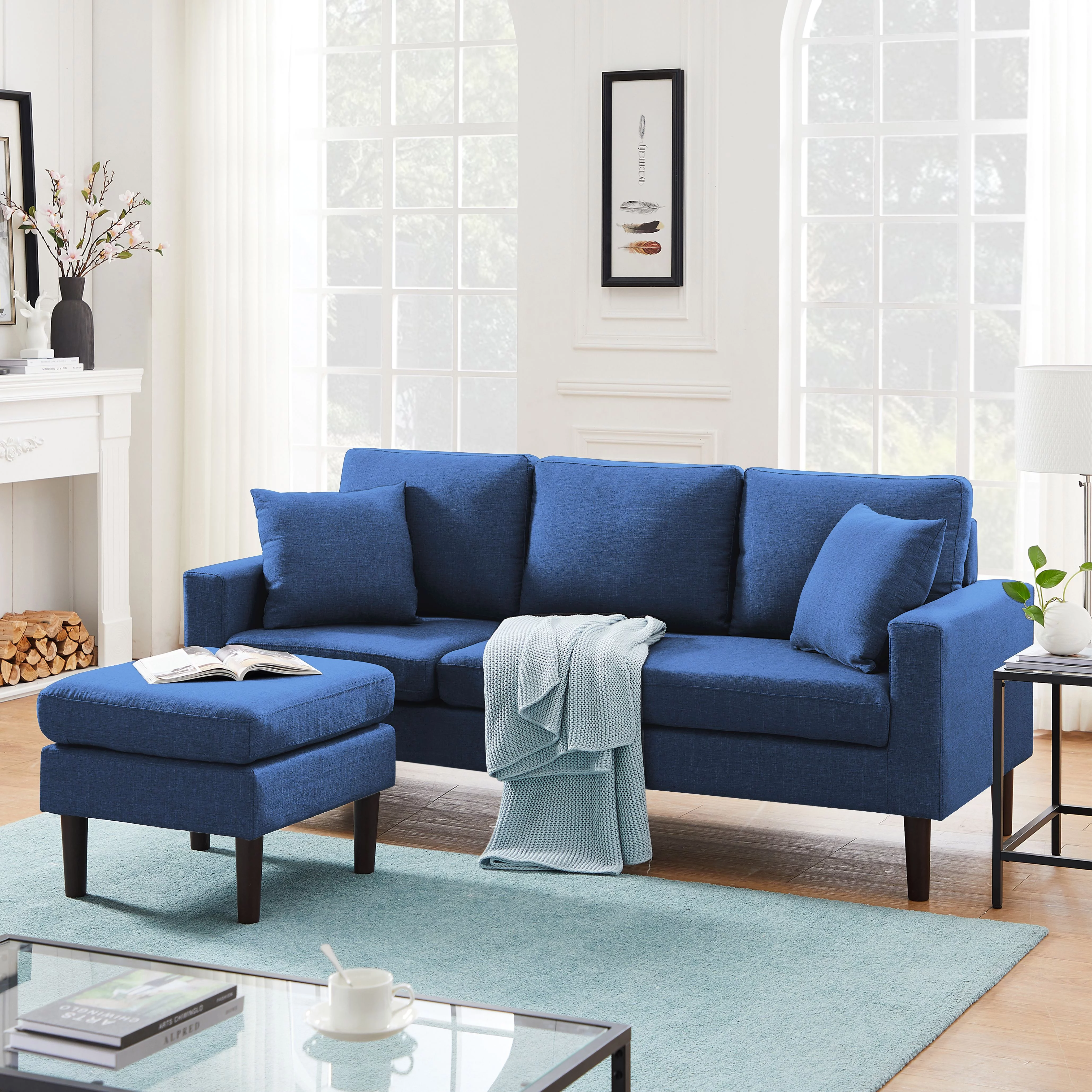 BSHTI 72 inch L-Shape Sectional Sofa, Left Hand Facing Couch with Two Pillows, Reversible Sectional Sofa Couch for Small Space(Navy Blue)