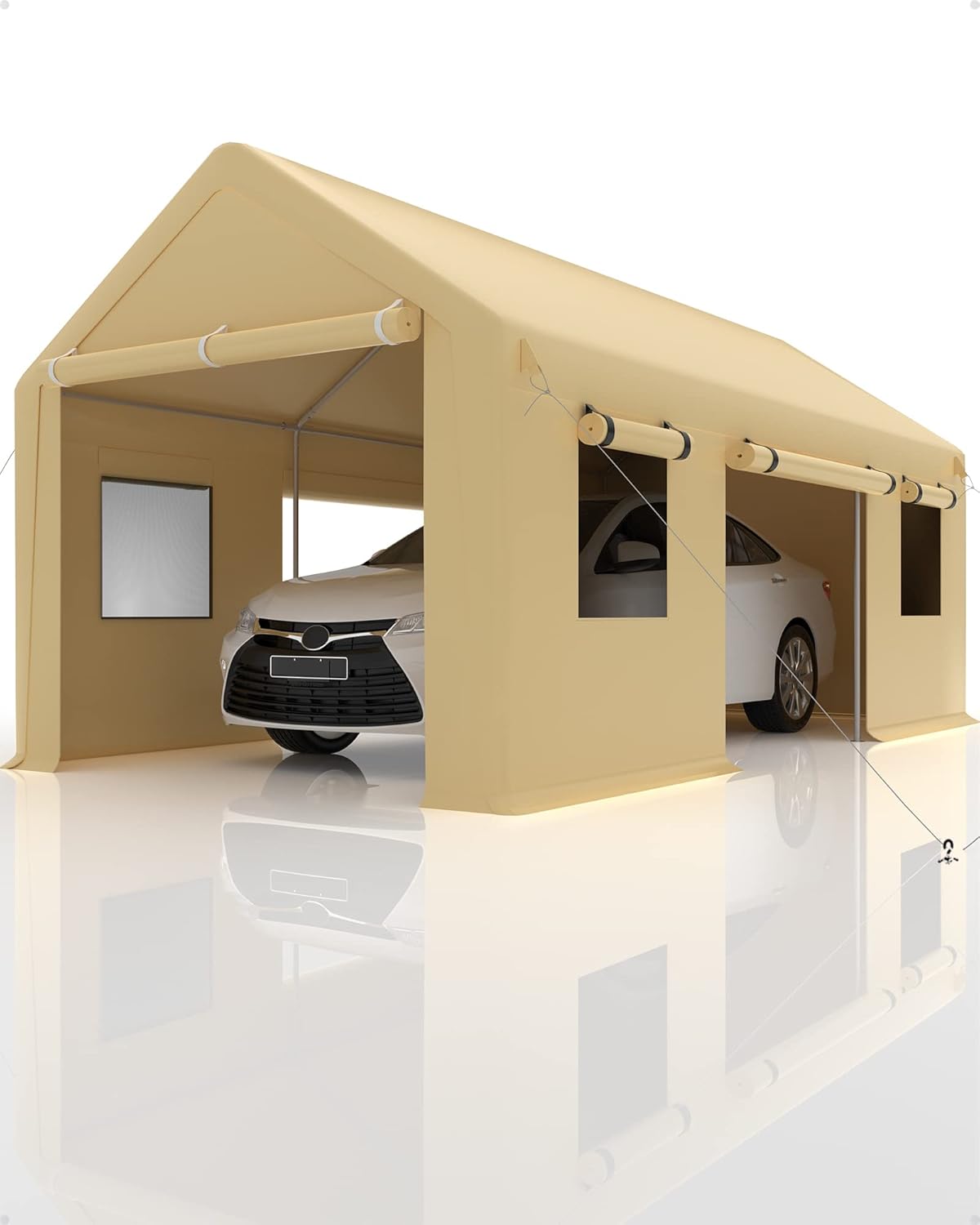 Carport 10'x20' Portable Garage, Reinforced Steel Poles, Heavy Duty Carport Canopy, 4 Roll-up Doors & 4 Mesh Windows, for Pickup, Boat, and Equipment