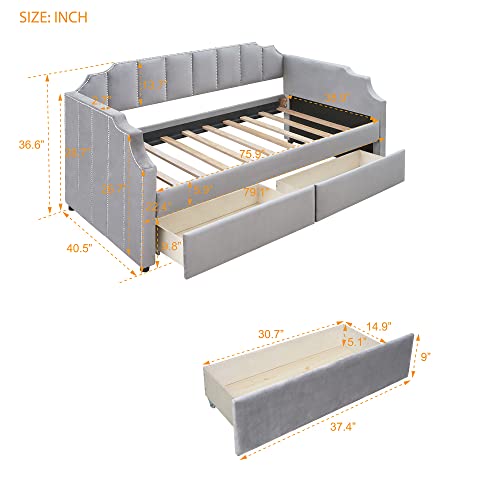 Twin Daybed with Storage - Upholstered Daybed with 2 Drawers and Arched Frame Design, Velvet Daybed with Horizontal Tufting and Nailhead Trim Detail