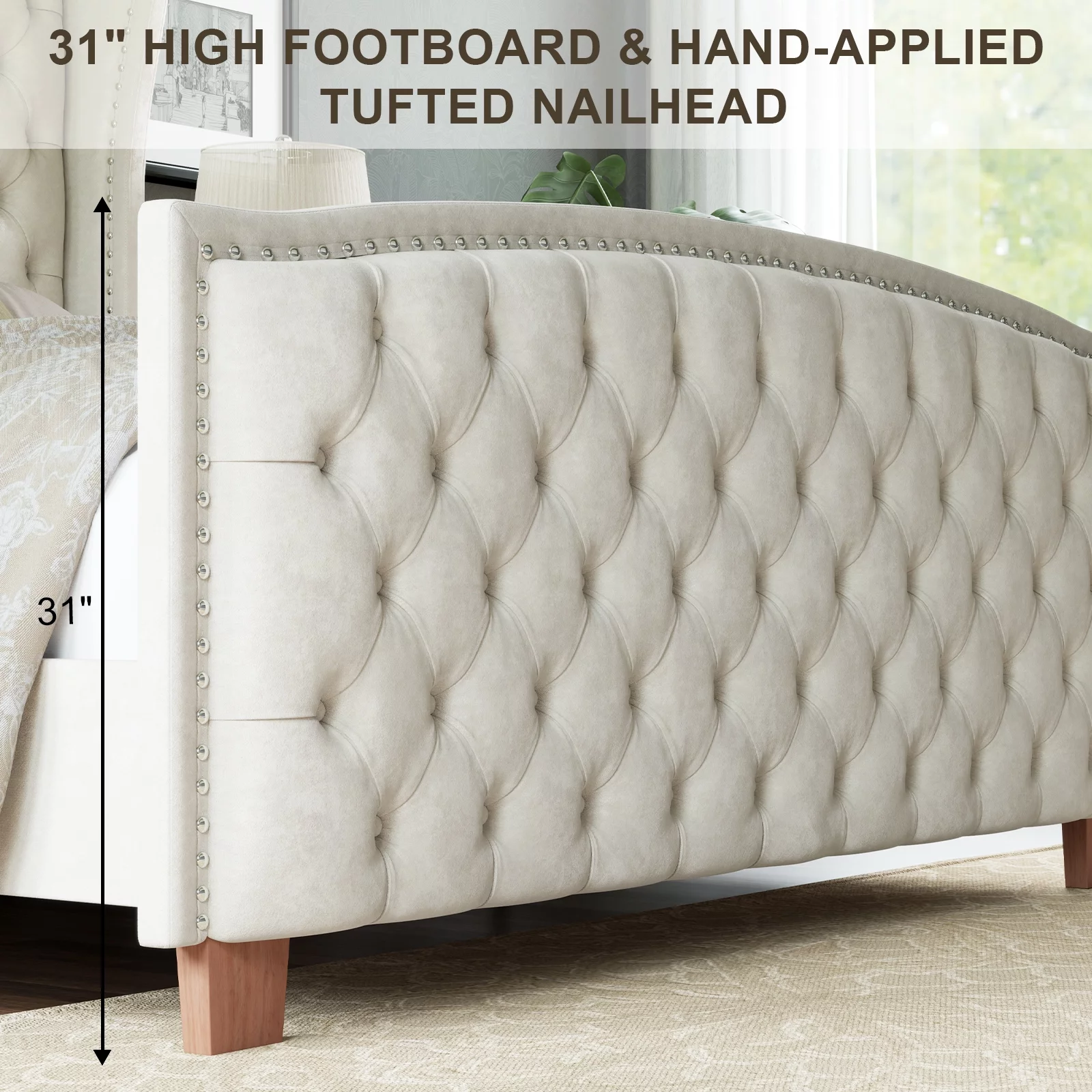 Amerlife 62" High Queen Size Platform Bed Frame, Cream