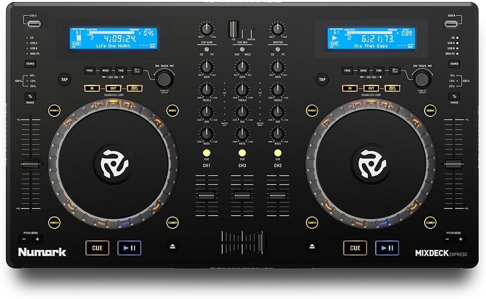 Numark Mixdeck Express DJ Controller, 2-Channel Standalone Media Player with CD, CD MP3, USB Playback, Dual Channel Mixer, Multi-Function Jog Wheels