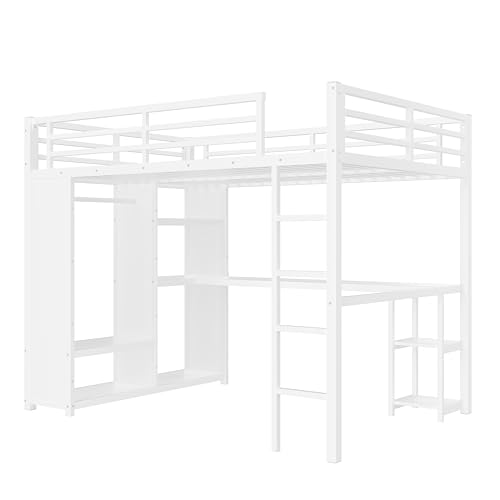 Bellemave Queen Size loft Bed with L Desk, Wardrobe, Metal Queen Loft Bed Frame for Adults, Kids, Teens, Black