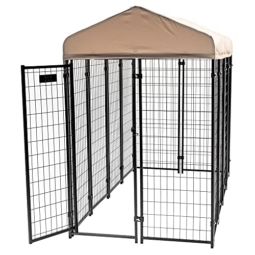 Stay Series 4 by 4 by 4.3 Feet Studio Jr. Black Powder Coat Steel Frame Outdoor Dog Kennel with Waterproof Canopy Roof and Gate Door, Khaki