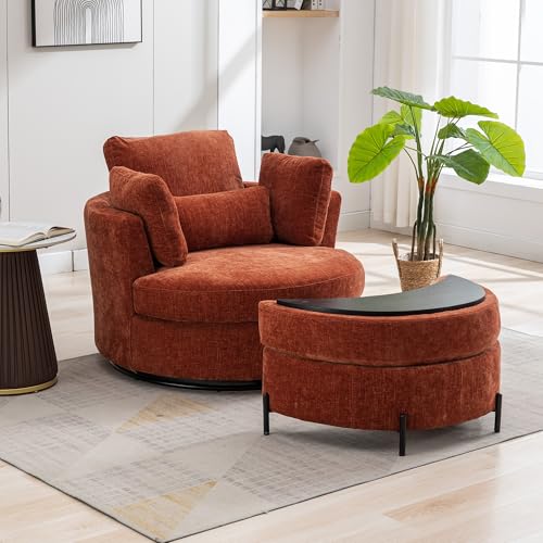 Aoiy & Wifon 42.2" W Oversized Swivel Barrel Chair with Ottoman, Upholstered Round Accent Chair with Storage Ottoman, Chenille, Beige