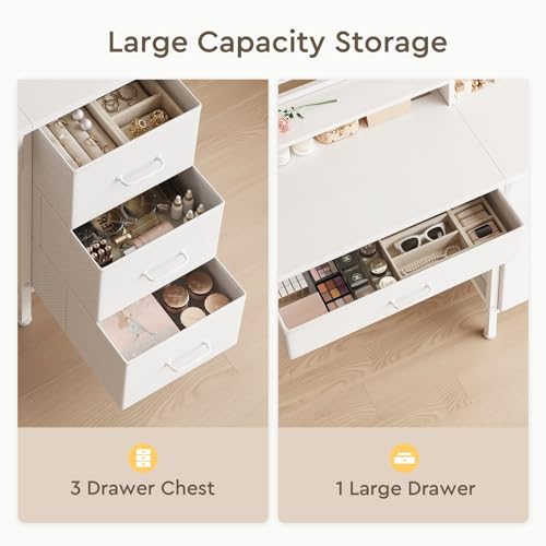 Makeup Vanity Desk with Mirror and Lights, Small Vanity with Fabric Storage Drawer & Chair & Shelves, White Compact Makeup Vanity Set for Bedroom