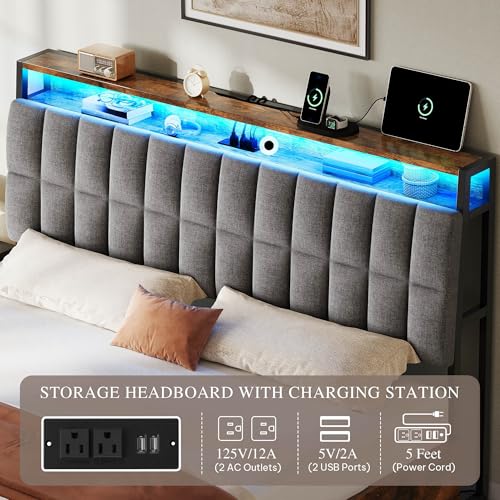 YITAHOME Queen Size Lift Up Bed with Charging Station & RGB LED Lights, PU Leather Upholstered Platform Storage Bookcase Headboard Bed