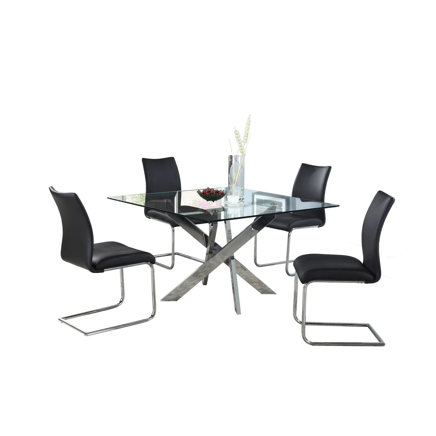 Chintaly Dining Set w/ Glass Top Table & 4 Cantilever Side Chairs