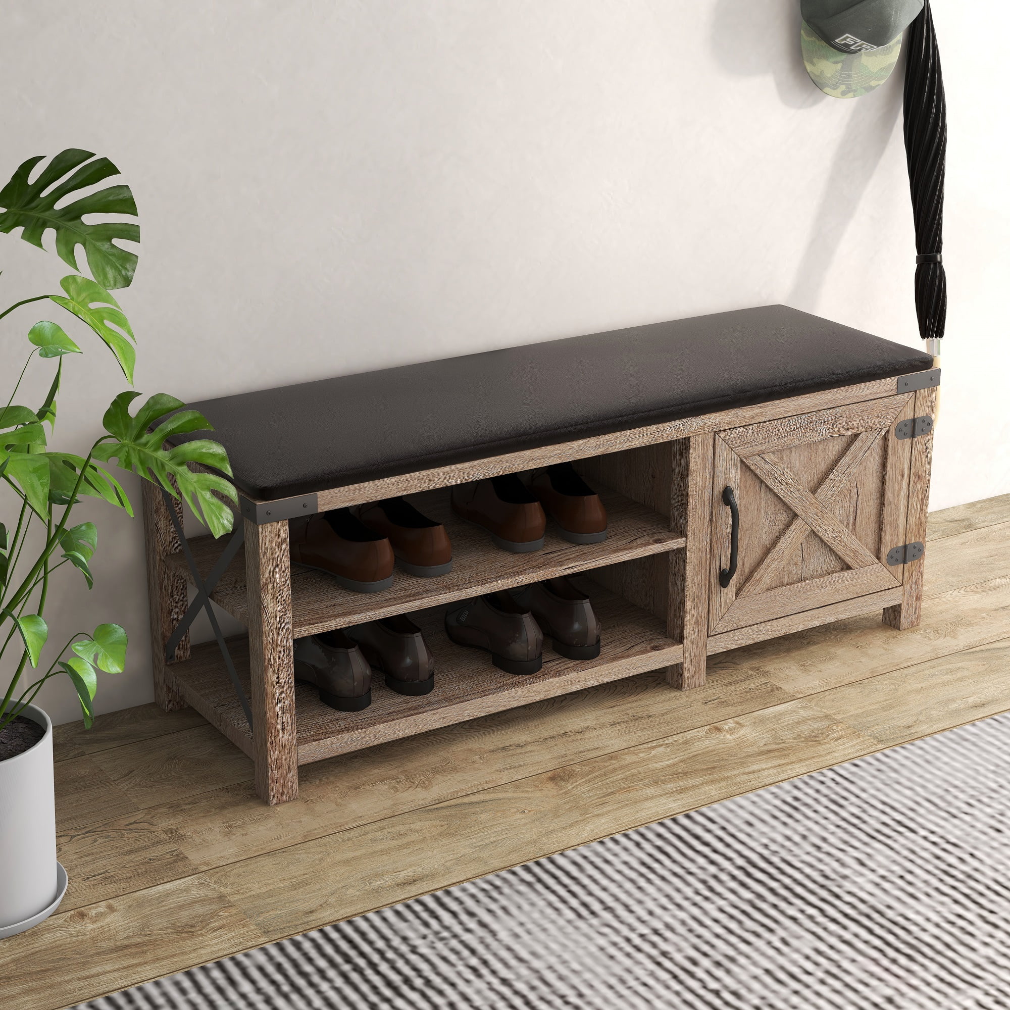 Shoe Bench Entryway with Storage, Shoe Rack Bench with Cushion Seat, Farmhouse 2-Tier Shoe Storage Bench for Entryway Bedroom, Hallway