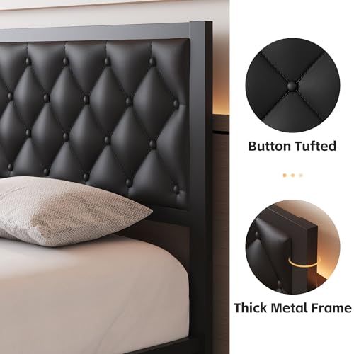Queen Bed Frame with Headboard PU Leather Upholstered Bed Frame Platform,All Metal Slats Support Platform Bed Frame with Storage Space,Easy Assembly