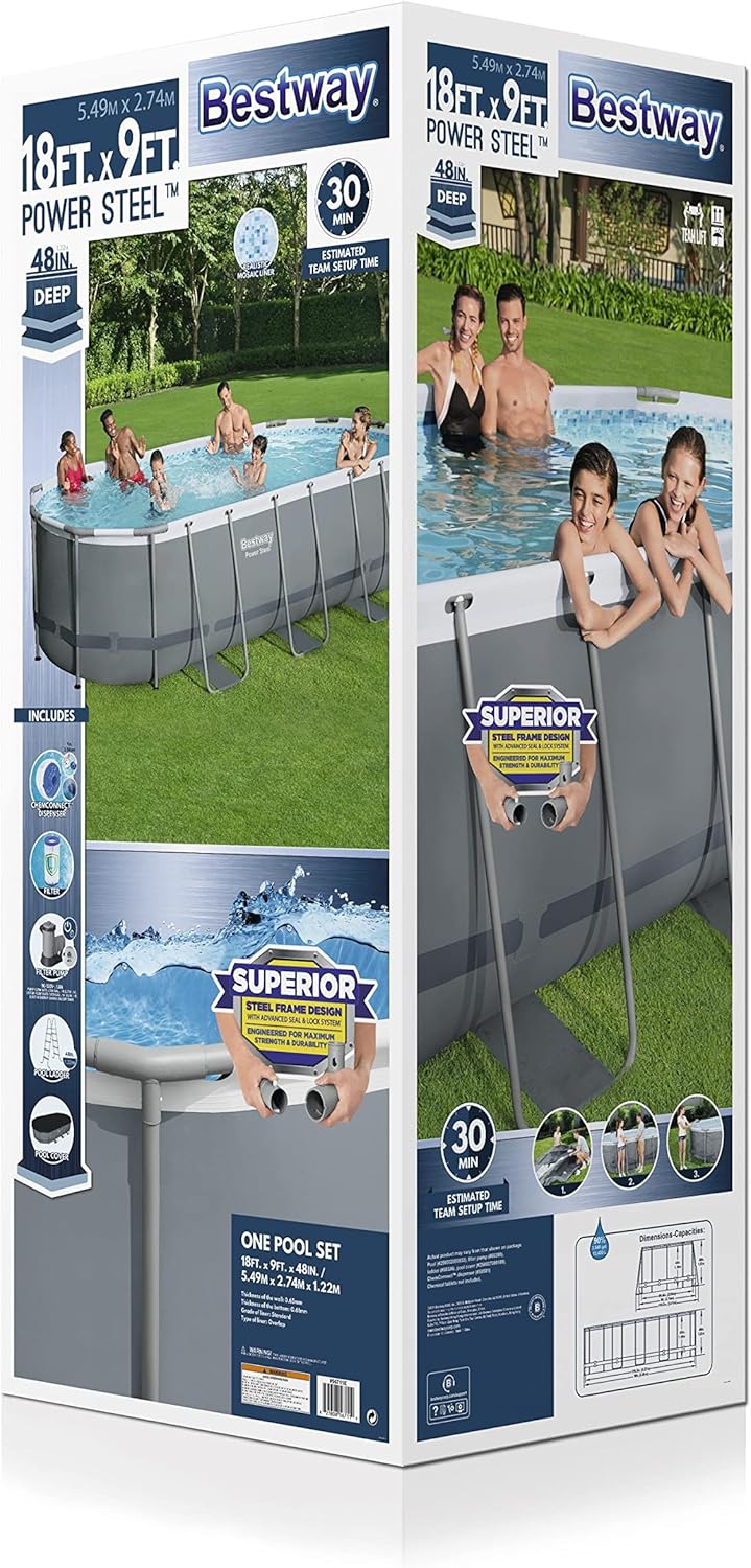 Bestway 56711E Power Steel 18' x 9' x 48 Outdoor Oval Frame Above Ground Swimming Pool Set with 1500 GPH Cartridge Filter Pump, Cover, & Ladder, Gray