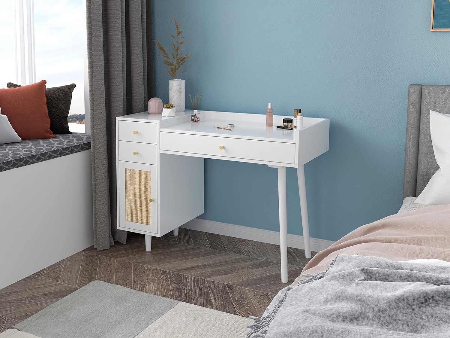 White Makeup Vanity Desk with Drawers, Modern Dressing Table with Storage Cabinet for Bedroom, Without Stool (42" White)